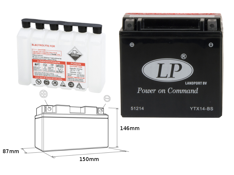 LANDPORT akumulátor YTX14BS (MA LTX14-BS) 12V 12AH 152X88X147 bezúdržbový - elektrolyt zvlášť (3) UE48